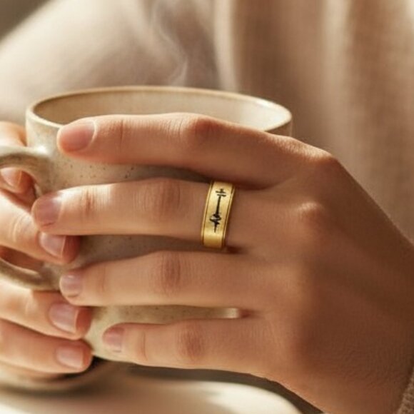 Unisex Silver & Gold Heartbeat Ring – Two-Tone Stainless Band Sz 9.5 - Picture 6 of 15